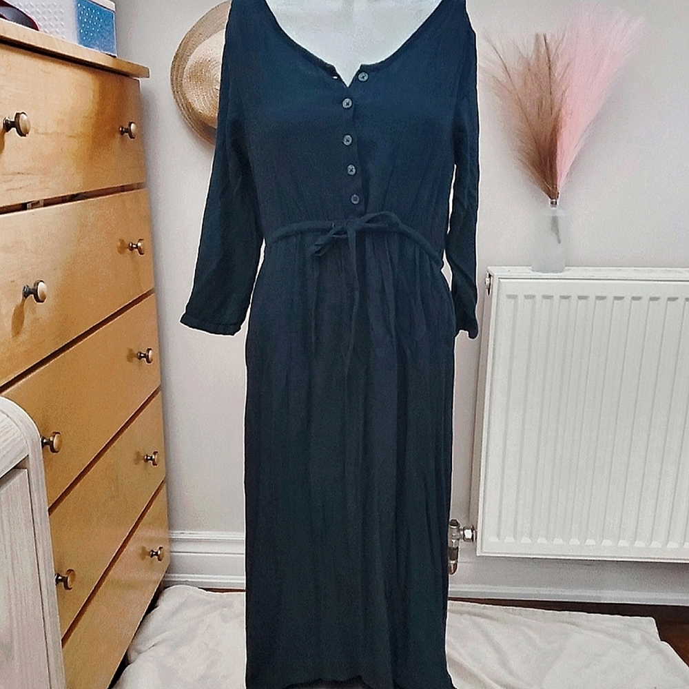 Old Navy button and tie waist Prairie Midi Dress in deep green/emerald